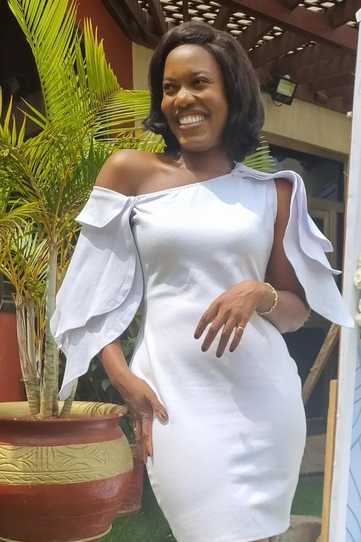 After. Wuenam Glory before and after: in a white lace off-shoulder gown inside a boutique, and in a white ruffle-sleeve dress outdoors on a patio.