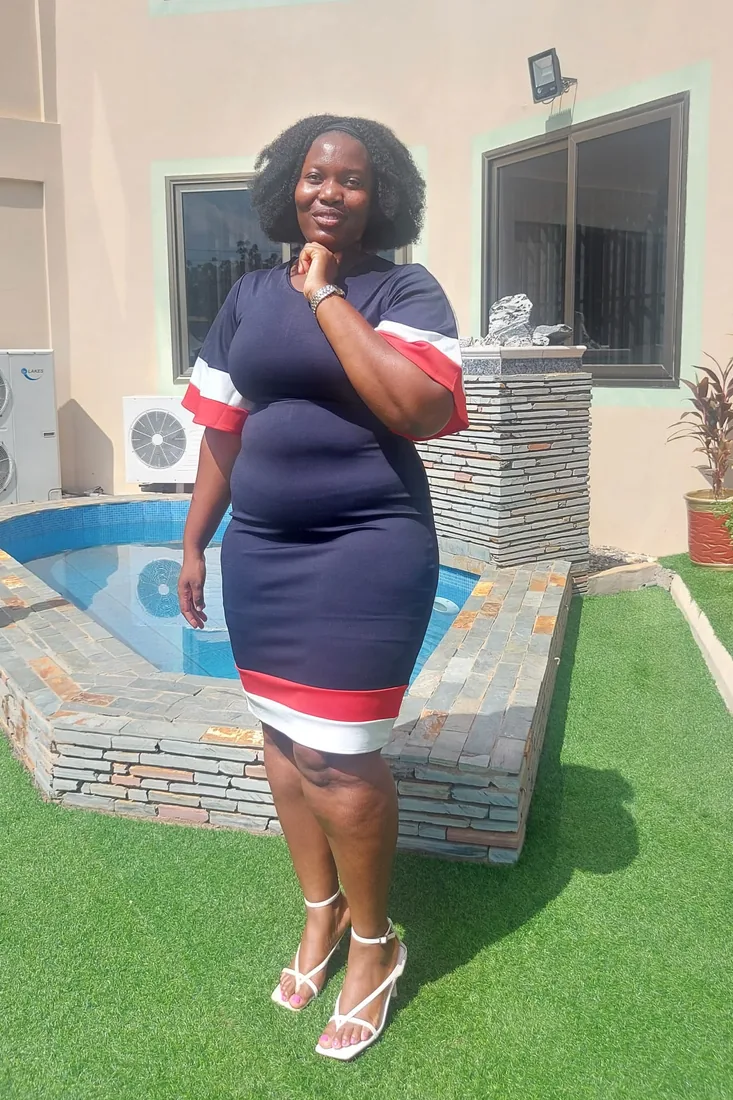Before. Wuenam Glory before and after: in a navy dress with red and white trim beside a pool, and in a pale blue embellished off-shoulder dress beside a decorated Christmas tree.