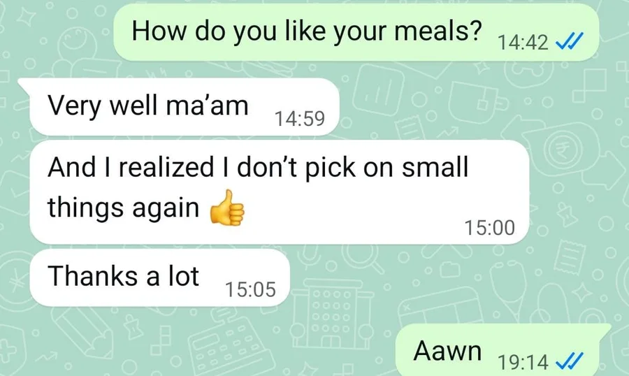 Client tells the coach the meals are going very well and she's noticed she no longer overreacts to small things, thanking her.