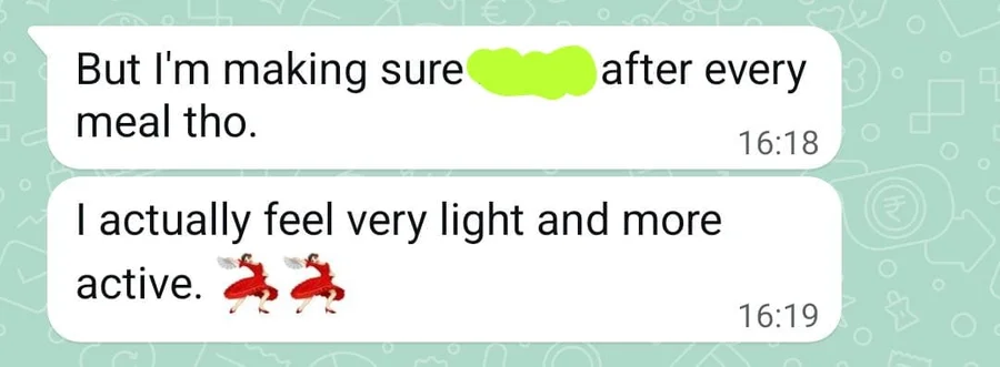 Client says she makes sure to do something after every meal and now feels lighter and more active.